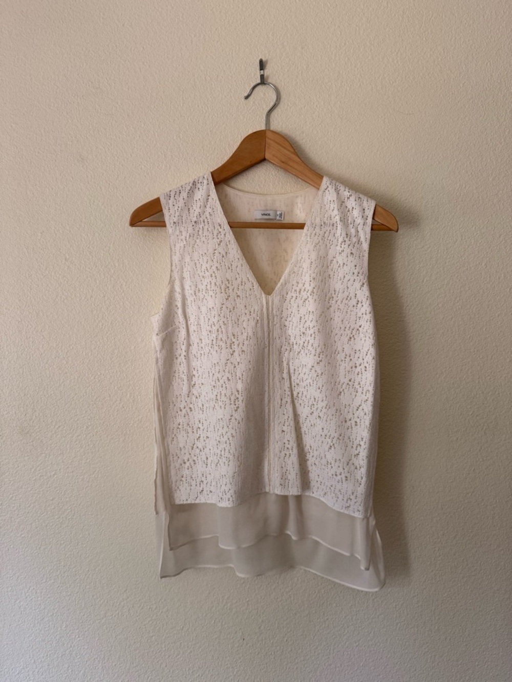 Vince Cream Lace-Overlay V-Neck Sleeveless Top